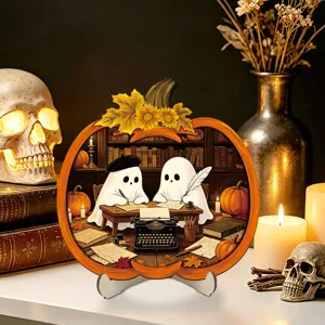 Halloween wooden desktop glowing plaque, cute ghost reading book tabletop sign decor.