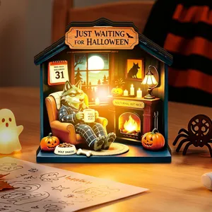 Detailed view of the Halloween glowing wooden desktop decoration featuring a cute wolf.