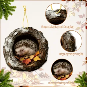 Detailed view of autumn hedgehog tree hollow acrylic hanging ornament with clear printing.