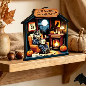 Halloween glowing wooden tabletop decoration, spooky festival party atmosphere display prop.