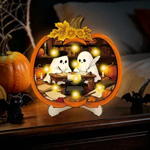 Halloween lighted wooden pumpkin tabletop ornament with cute ghost and retro desk decor.