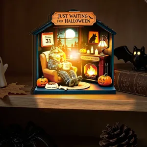 Halloween glowing wooden desktop ornament spooky party decoration LED night light display