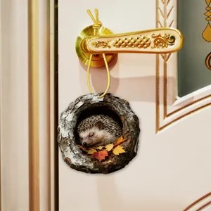 Cute hedgehog tree hole hanging plaque autumn leaf decorative sign for home door wall decor.