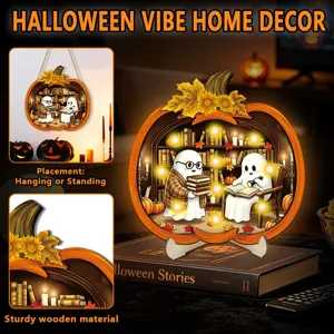 Halloween lighted wooden pumpkin sign table hanging decor with cute ghost reading books