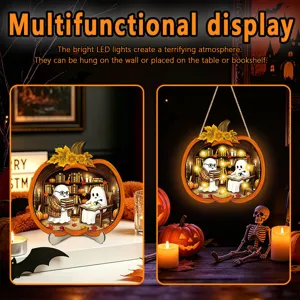 Detailed view of Halloween wooden light-up decoration showcasing dual hanging and tabletop display.