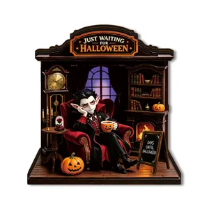 Detailed Halloween wooden desktop decoration diorama featuring vampire and spooky spooky scene.