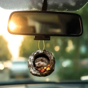 Acrylic sleeping hedgehog tree hole hanging ornament for car rearview mirror decor