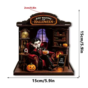 Halloween luminous wooden desktop ornament detail showing vampire diorama and dimensions.