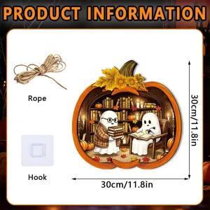 Halloween ghost reading pumpkin wooden hanging sign detail with rope and hook 30cm size.