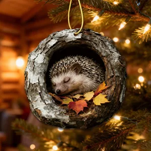 Detailed view of the cute hedgehog in tree hole Christmas tree hanging ornament acrylic.