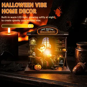 Halloween LED wooden desktop decoration diorama light for holiday party home decor setup.