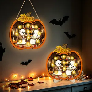 Halloween luminous wooden pumpkin decoration with ghost reading design for party decor