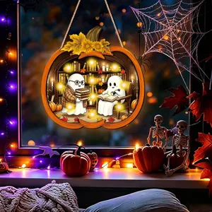 Halloween wooden pumpkin hanging sign with LED lights and cute ghost library decor item.