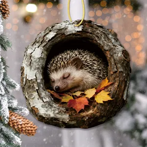 Cute sleeping hedgehog tree hollow hanging ornament, perfect for holiday home decor.