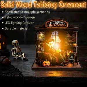 Halloween wooden tabletop ornament with LED lights retro vampire diorama decor for party