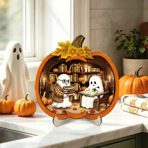 Detailed view of Halloween wooden pumpkin plaque with cute ghost reading scene for home decor.