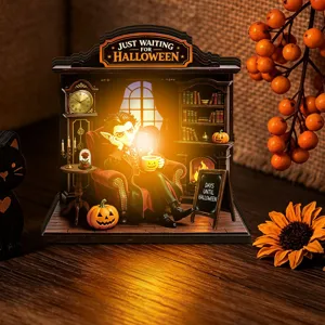 Halloween glowing wooden desktop decoration LED light up vampire miniature scene festival party prop