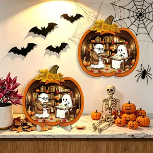 Halloween LED wooden pumpkin ghost plaque and desktop ornament detail showcasing cozy festive decor.