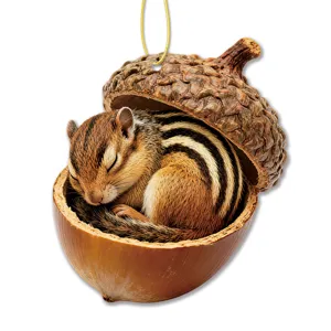 Cute chipmunk sleeping in acorn ornament, hanging pendant for tree decor, festive gift.
