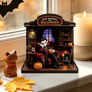 Halloween LED Wooden Miniature Diorama Vampire Tabletop Ornament for Party Festival Decor