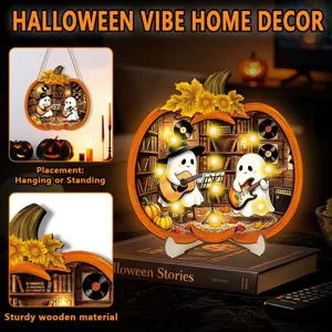 Halloween glowing wooden pumpkin ghost decoration hanging and standing sign for home decor.