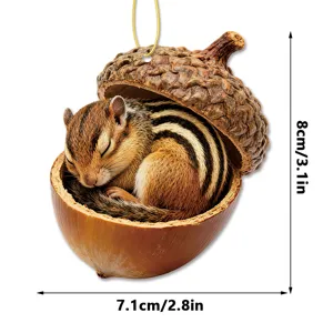 Cute chipmunk in acorn acrylic hanging ornament detail view, showing size and texture clearly.