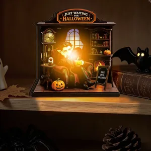 Halloween glowing wooden book nook diorama desktop decoration spooky party night light