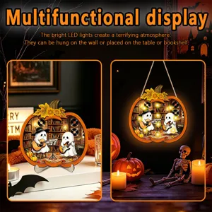 Halloween wooden light-up pumpkin hanging sign and desktop display with LED lights.