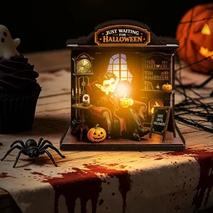 Halloween glowing wooden desktop decoration ornament, vampire miniature scene diorama light.