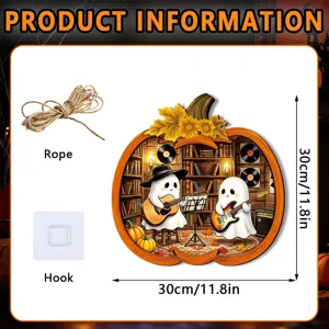 Halloween wooden pumpkin hanging sign with cute ghost and guitar design for festive wall decor.