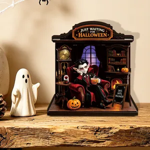 Halloween glowing wooden desktop decoration miniature diorama for party decor display.