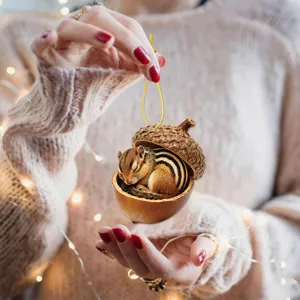 Mini acrylic chipmunk acorn hanging ornament detail view, perfect for festive tree decor.