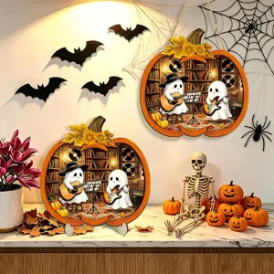 Halloween wooden glowing pumpkin hanging plaque and desktop ornament with cute ghost band decor.