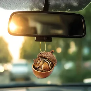 Cute chipmunk sleeping in acorn acrylic car hanging ornament, rear view mirror decor accessory.