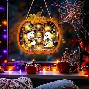 Halloween lighted wooden hanging sign with cute ghost music design for festive wall decor.