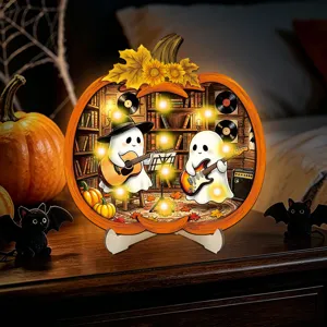 Detailed shot of Halloween wooden luminous pumpkin ornament with cute ghost and guitar design.