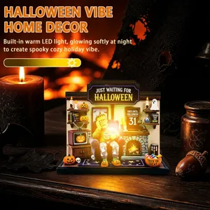 Halloween wooden LED tabletop decor with warm glowing lights, spooky party ornament display.