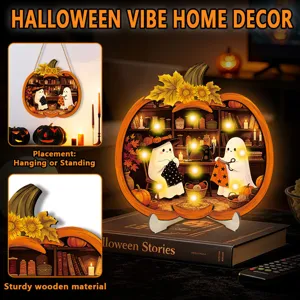Halloween glowing wooden pumpkin hanging sign home decor ghost LED lighted ornament