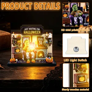 Halloween wooden light-up tabletop decoration detail view showing LED switch and vivid printing.