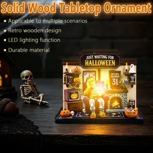 Halloween wooden tabletop ornament with LED lighting, retro design for festive party decor.