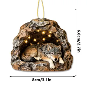 Acrylic wolf hanging ornament with cave design and warm light effect, compact size 8x6.8cm.