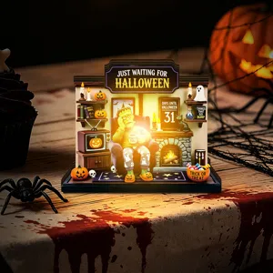 Halloween lighted wooden desktop ornament spooky party home decor scary tabletop display LED light