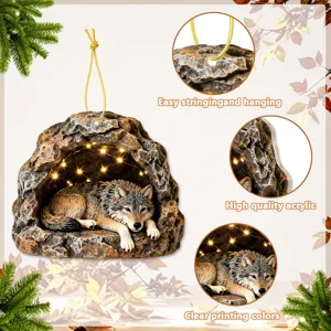 Acrylic wolf cave hanging ornament with string, cute animal wall decor for home room hanging.