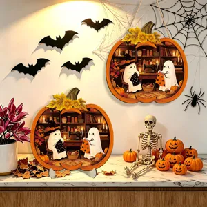 Halloween wooden pumpkin sign hanging and tabletop decor with cute ghost illustrations for party.