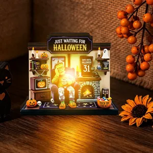 Detailed view of Halloween glowing wooden desktop decoration with Frankenstein light-up scene.