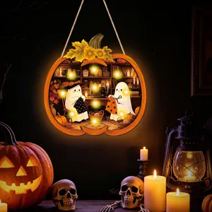 Halloween LED luminous wooden hanging sign with cute ghost sewing pattern for wall and home decor.