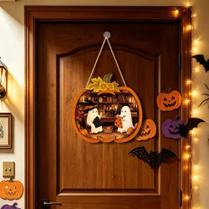 Detail shot of Halloween glowing wooden hanging sign featuring cute ghost sewing workshop design.