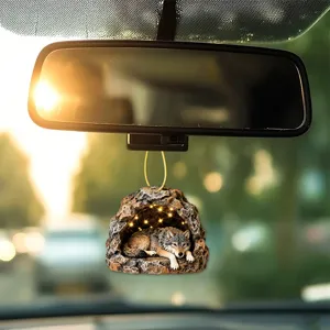 Car rear view mirror hanging ornament, wolf cave acrylic pendant with glowing LED lights.