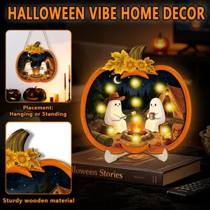 Halloween LED Wooden Pumpkin Ghost Hanging Sign Desktop Light Up Party Decor Gifts