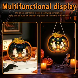 Halloween lighted wooden pumpkin decoration wall hanging and desktop ornament with LED lights